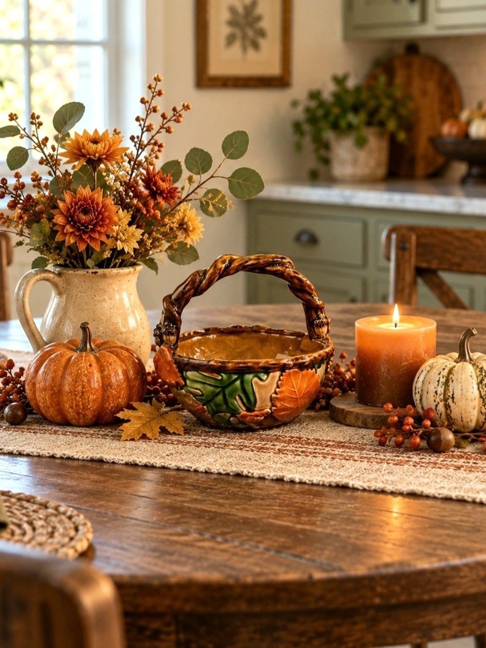 Vintage Autumn Ceramic Basket Table Decor - Orange, Green & Cream